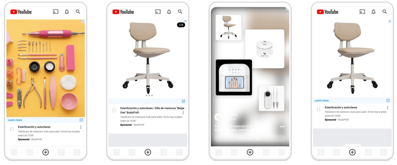 YouTube and Discovery ads for Buduprofi: salon chair, sterilization equipment, product carousels